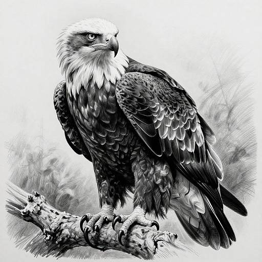 Monochrome digital drawing of a detailed, fierce bald eagle perched on a textured branch, showcasing intricate feather patterns and intense gaze.