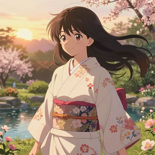 Anime-style illustration of a young woman with long black hair, wearing a white floral kimono, standing in a serene cherry blossom garden by a pond at