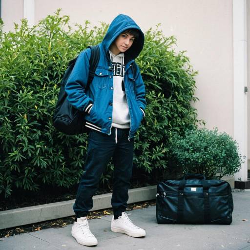 Teen in Blue Jacket with Backpack and Duffle Bag