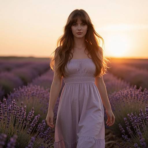 Photograph of a young woman with long brown hair in a white, strapless dress standing in a lavender field at sunset, with the sun behind her