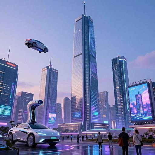 Digital illustration of a futuristic cityscape at dusk with flying cars, sleek skyscrapers, neon lights, and people walking. Tall central building dominates the