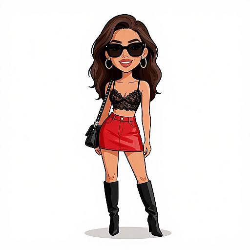 Chibi-style digital drawing of a confident woman with long brown hair, wearing black lace crop top, red mini skirt, black boots, and large sunglasses