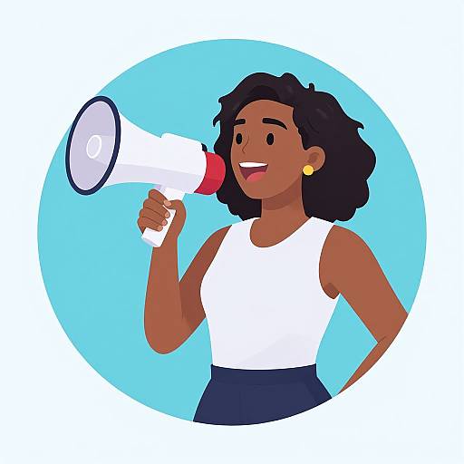 Digital illustration of a smiling Black woman with dark skin, curly hair, gold earrings, white sleeveless top, holding a white megaphone, against