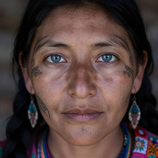 Close-up photograph of an Indian woman with striking blue eyes, dark hair, tribal tattoos on cheeks, and colorful earrings, wearing a patterned garment.