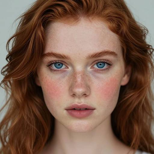 Photorealistic portrait of a young woman with striking blue eyes, fair skin, red freckles, and wavy red hair against a plain light