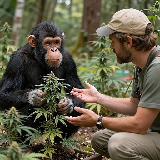 Chimpanzee and Man Examining Cannabis Plant