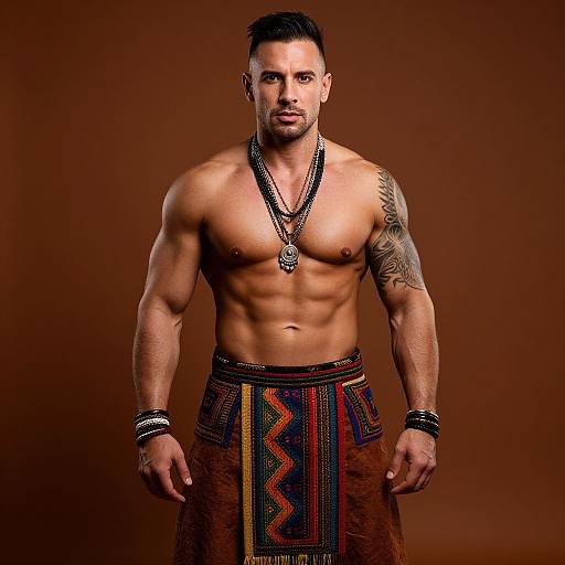 Muscular Tattooed Man in Tribal Attire