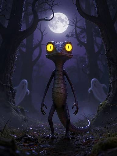 Spooky Stylized Lizard in Eerie Forest