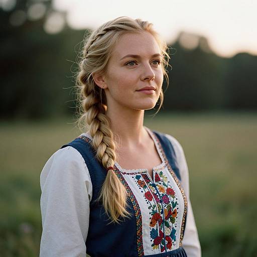 Photograph of a blonde woman with braided hair, wearing a blue traditional dress with white sleeves and colorful floral embroidery, standing in a grassy field