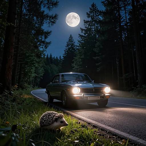 Photograph of a black classic car with bright headlights driving on a winding road at night, illuminated by a full moon, with a hedgehog in the