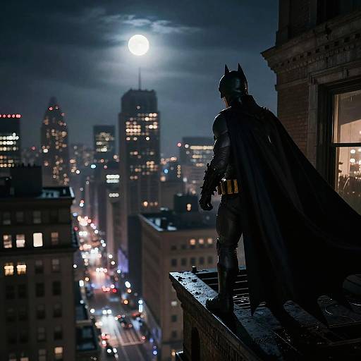 Silhouetted Batman stands on rooftop gazing at moonlit cityscape, tall buildings illuminated below, city lights reflecting off wet surfaces.