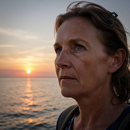 Photograph of a middle-aged woman with blue eyes, brown hair, and slight wrinkles, standing by a sunset over the ocean.
