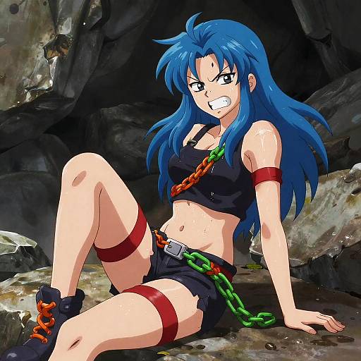 Anime-style digital drawing of a blue-haired girl with black tank top, shorts, red arm bands, green and orange chain, grinning fiercely in a