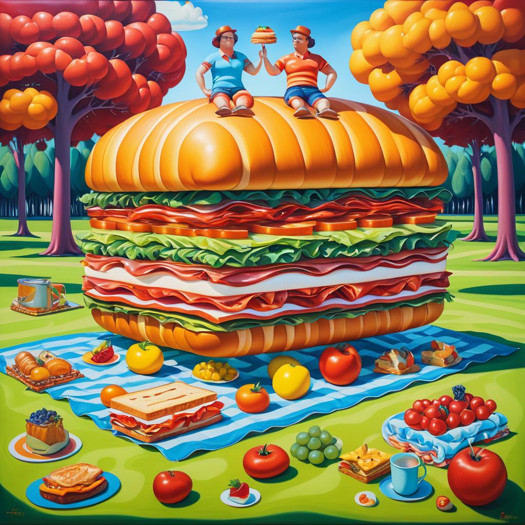 Whimsical Giant Sandwich in Surreal Picnic