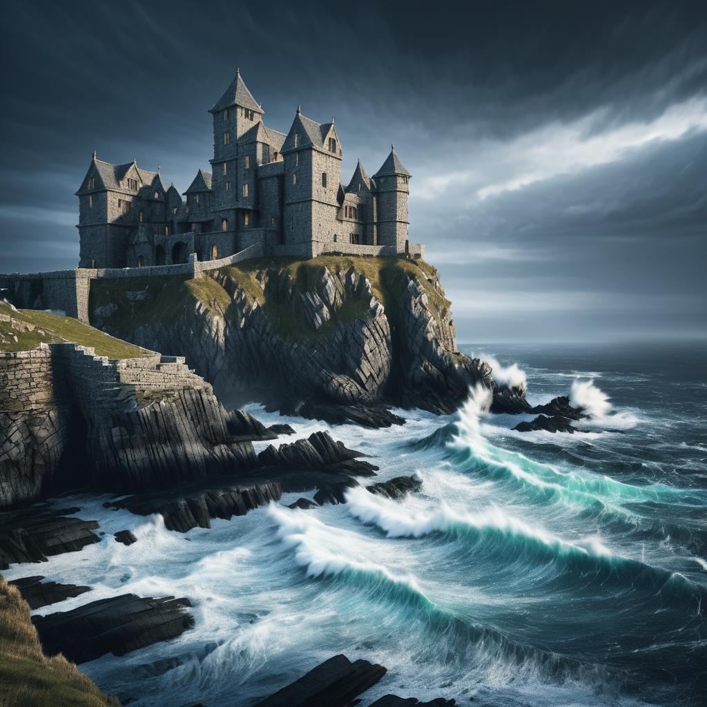 Dramatic Coastal Castle at Stormy Sea