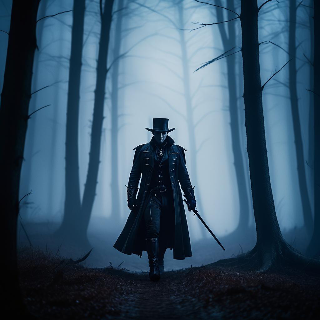 Cinematic Vampire Hunter in Foggy Forest