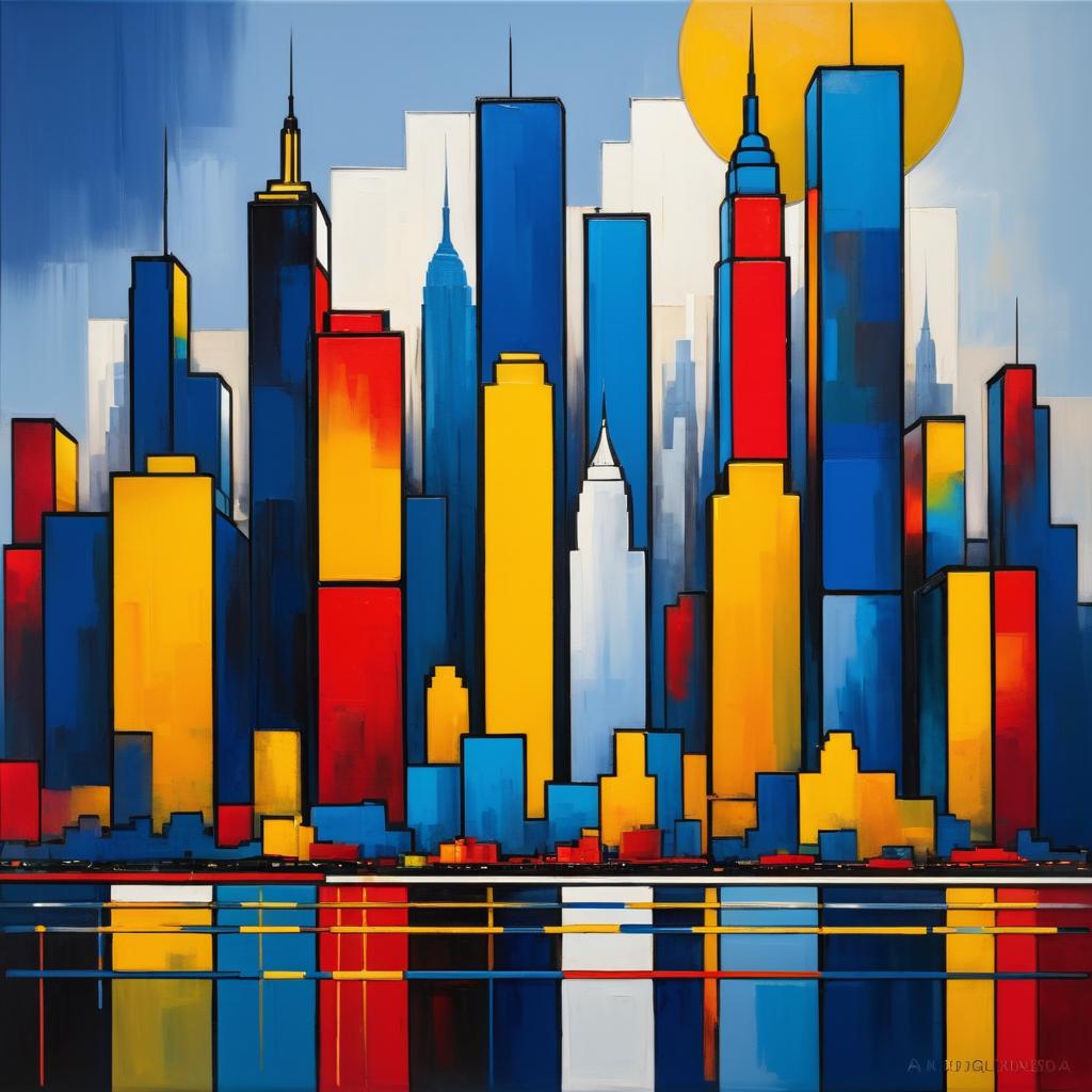 Athlete Against New York Skyline in Mondrian Style