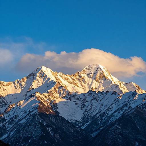 Photograph of a snow-capped mountain peak bathed in golden sunlight, with a single fluffy cloud above, set against a vibrant blue sky.