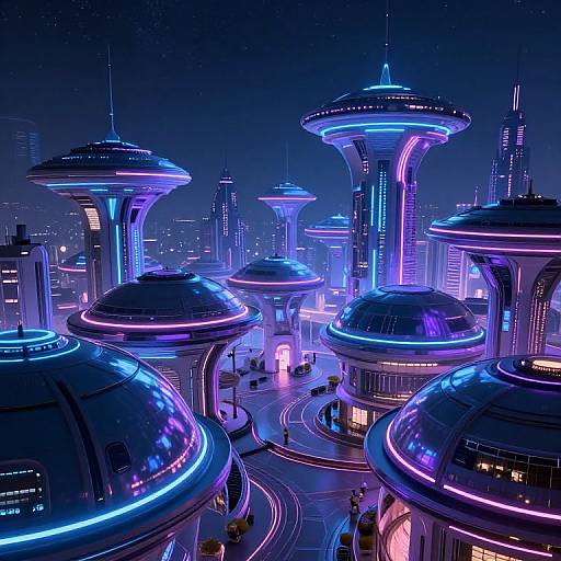 Neon-lit, futuristic cityscape with glowing blue and purple domes and towers, curved roads, and small figures below, under a starry