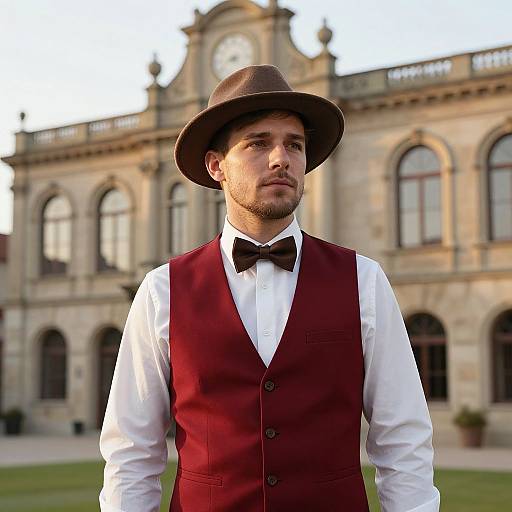 Photograph of a bearded man in a brown fedora, white shirt, and red vest, standing in front of a historic stone building with ar