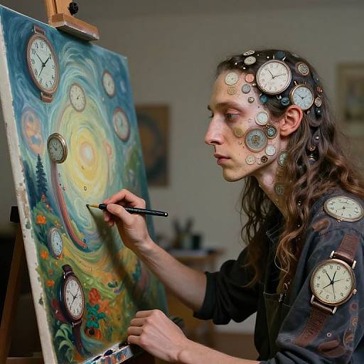 Photograph of a long-haired artist with clocks on head, painting a vibrant, clock-filled swirl canvas, wearing dark shirt, in studio.
