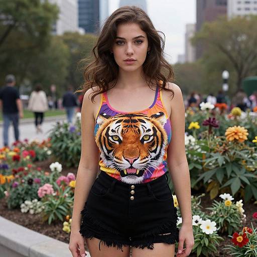 Photograph of a young woman with wavy brown hair, wearing a vivid tiger-print tank top and black frayed denim shorts, standing in a colorful