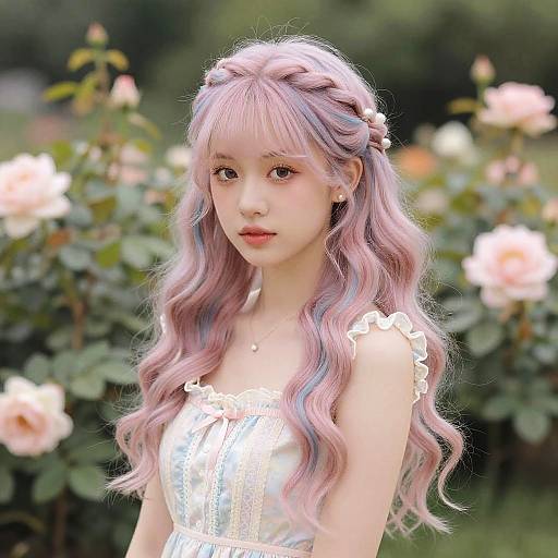 Photograph of a young Asian woman with pastel pink and blue wavy hair, wearing a white lace dress, standing in a garden with blooming