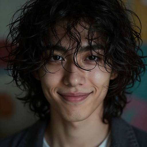 Close-up photograph of a young man with curly, dark hair, fair skin, and a slight smile, wearing a dark blazer, with a blurred