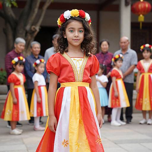 Photograph of a young Latina girl with curly brown hair, wearing a red and yellow floral dress with white stripes, flower crown, standing in front of