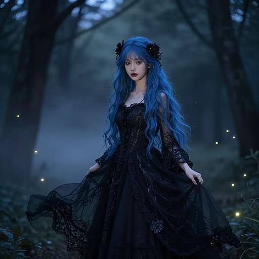 Photograph-style digital art of a pale, blue-haired woman in a black lace dress, standing in a misty blue forest with glowing fireflies.