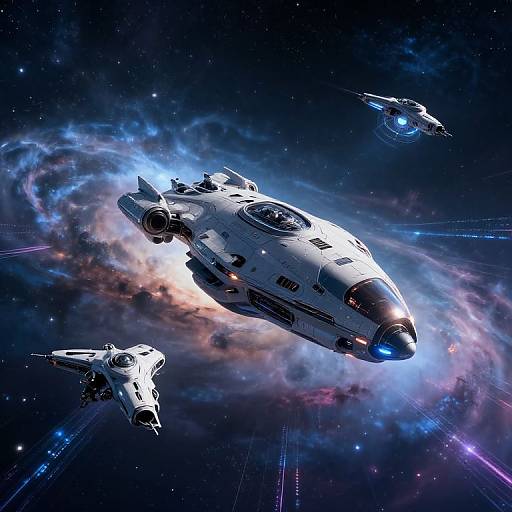 Digital artwork of three futuristic white spaceships flying through a vibrant, cosmic nebula with glowing blue and purple hues.