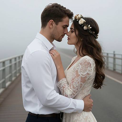 Romantic Embrace on Misty Bridge