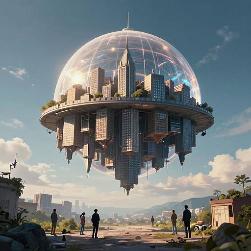 Digital art of a futuristic cityscape with a glass dome housing skyscrapers, floating above a grassy field and cityscape, under a bright blue