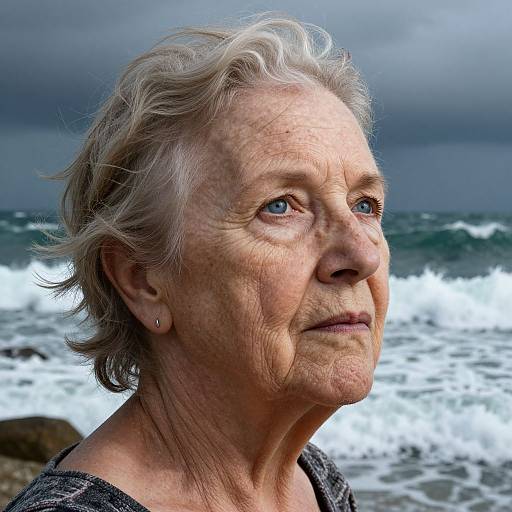 Photograph of an elderly woman with short gray hair, blue eyes, and wrinkles, standing by a turbulent ocean under a cloudy sky.