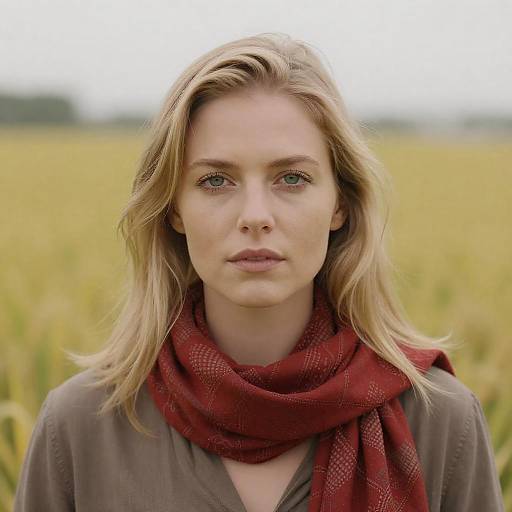 Blonde Woman with Red Scarf in Yellow Field