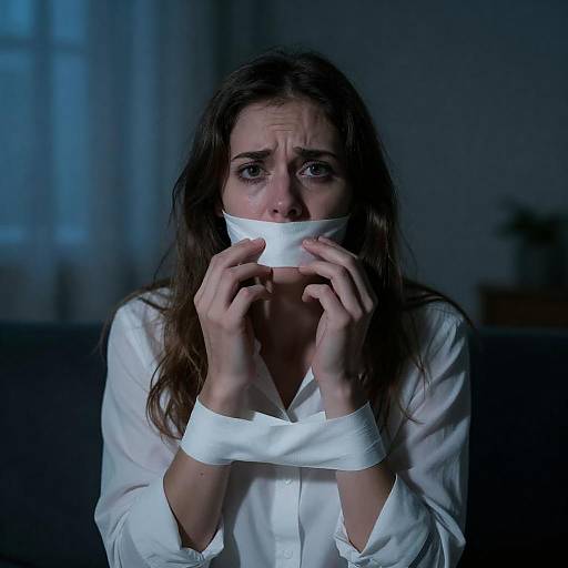 Distressed Woman Bound in Dim Room