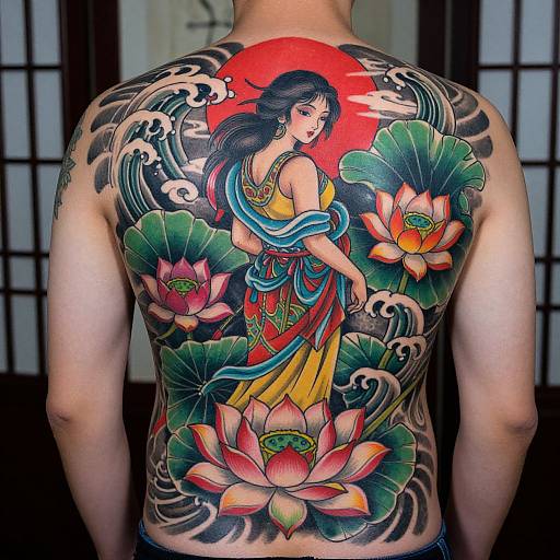 Photograph of a tattooed male back featuring a vibrant, traditional Japanese-style design with a woman in a colorful kimono, surrounded by lotus flowers