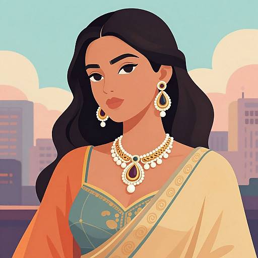 Digital illustration of a beautiful South Asian woman with long black hair, wearing a green and gold saree, ornate jewelry, and a confident expression,
