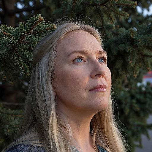 Photograph of a fair-skinned, blonde woman with blue eyes, gazing upward, wearing a pine branch crown, against a dark green pine tree