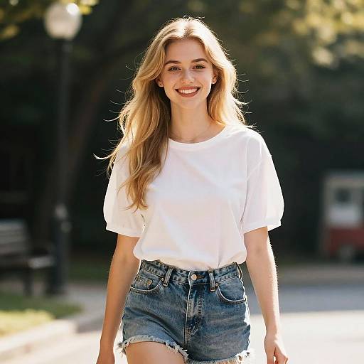 Photograph of a smiling young woman with long blonde hair, wearing a white t-shirt and blue denim shorts, walking outdoors on a sunny day.
