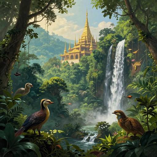 Vibrant digital painting of a lush jungle with two birds, a waterfall, and a golden temple in the background. Sunlight filters through dense green
