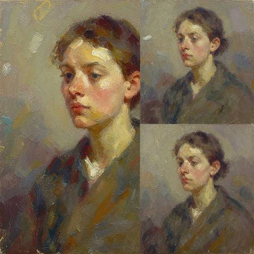 Impressionist-style oil painting of a young woman with fair skin, brown hair, and soft features, depicted in three close-up portraits.