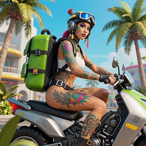 Tattooed, punk-style woman in goggles, crop top, and shorts rides a motorcycle with a green backpack, palm trees, and a sunny