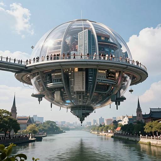 Photograph of a futuristic, transparent spherical floating city with people on its circular balcony, hovering over a river with cityscape and historic buildings in the background