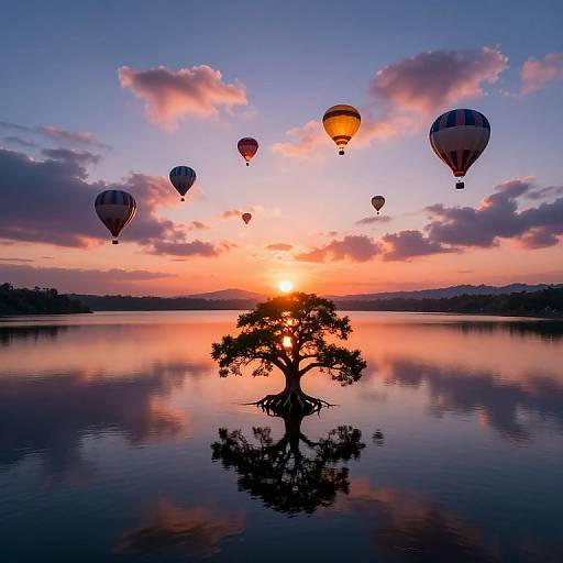 Photograph of a serene sunset over a calm lake, with a silhouetted tree in the center and seven colorful hot air balloons floating in the