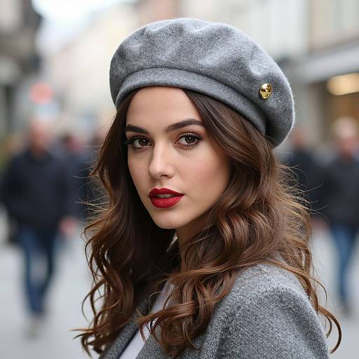 Photograph of a beautiful woman with long, wavy brown hair, wearing a gray beret and matching coat, with bold red lipstick, standing in