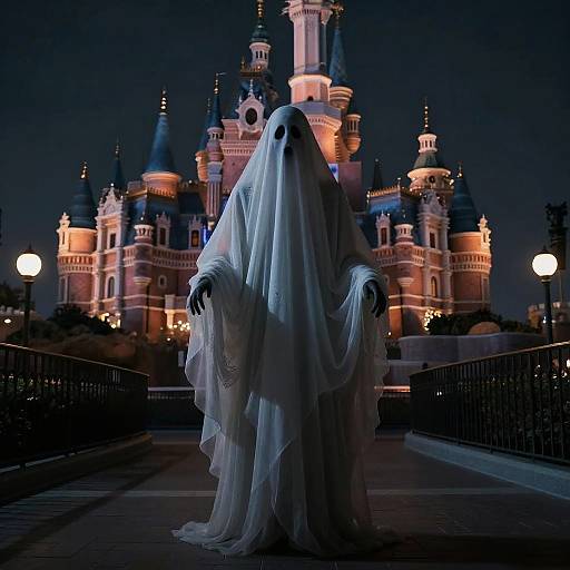 Photograph of a ghostly figure in a white sheet with black eyes, standing on a bridge at night, in front of a brightly lit, colorful