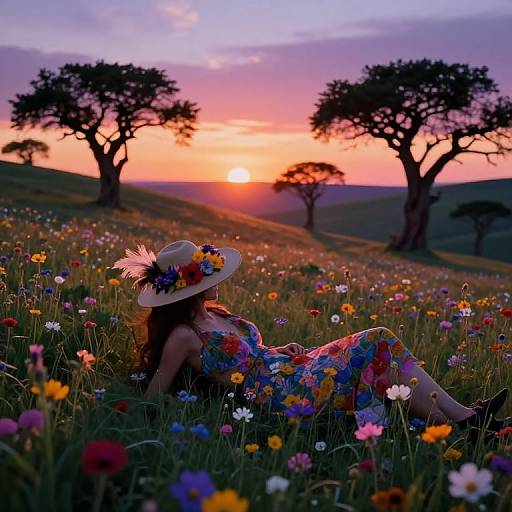 Photograph of a woman in a floral dress and wide-brimmed hat, lying in a colorful meadow of wildflowers at sunset, silhou
