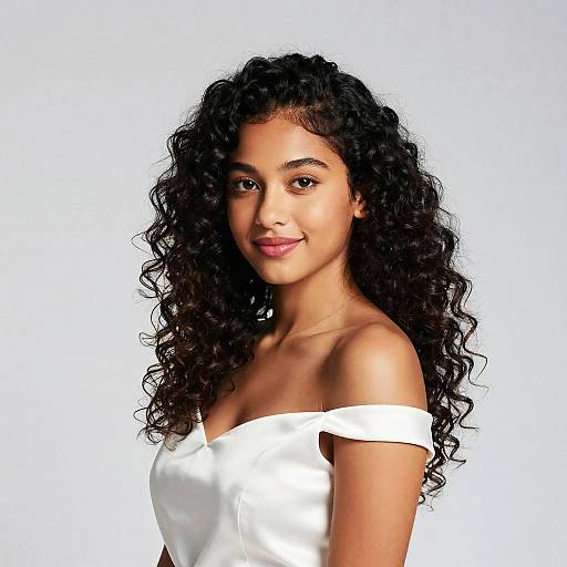 Photograph of a young woman with long, curly black hair, medium brown skin, wearing an off-shoulder white top, smiling softly against a