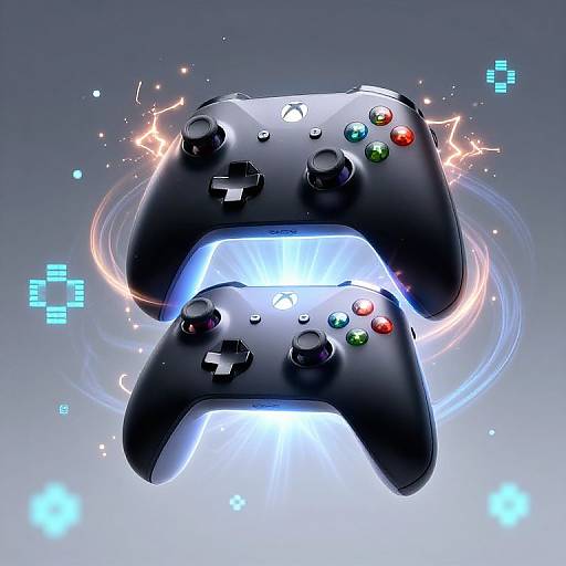 Digital artwork of two glowing black game controllers with colorful buttons, surrounded by sparkling lights and blue pixel effects.